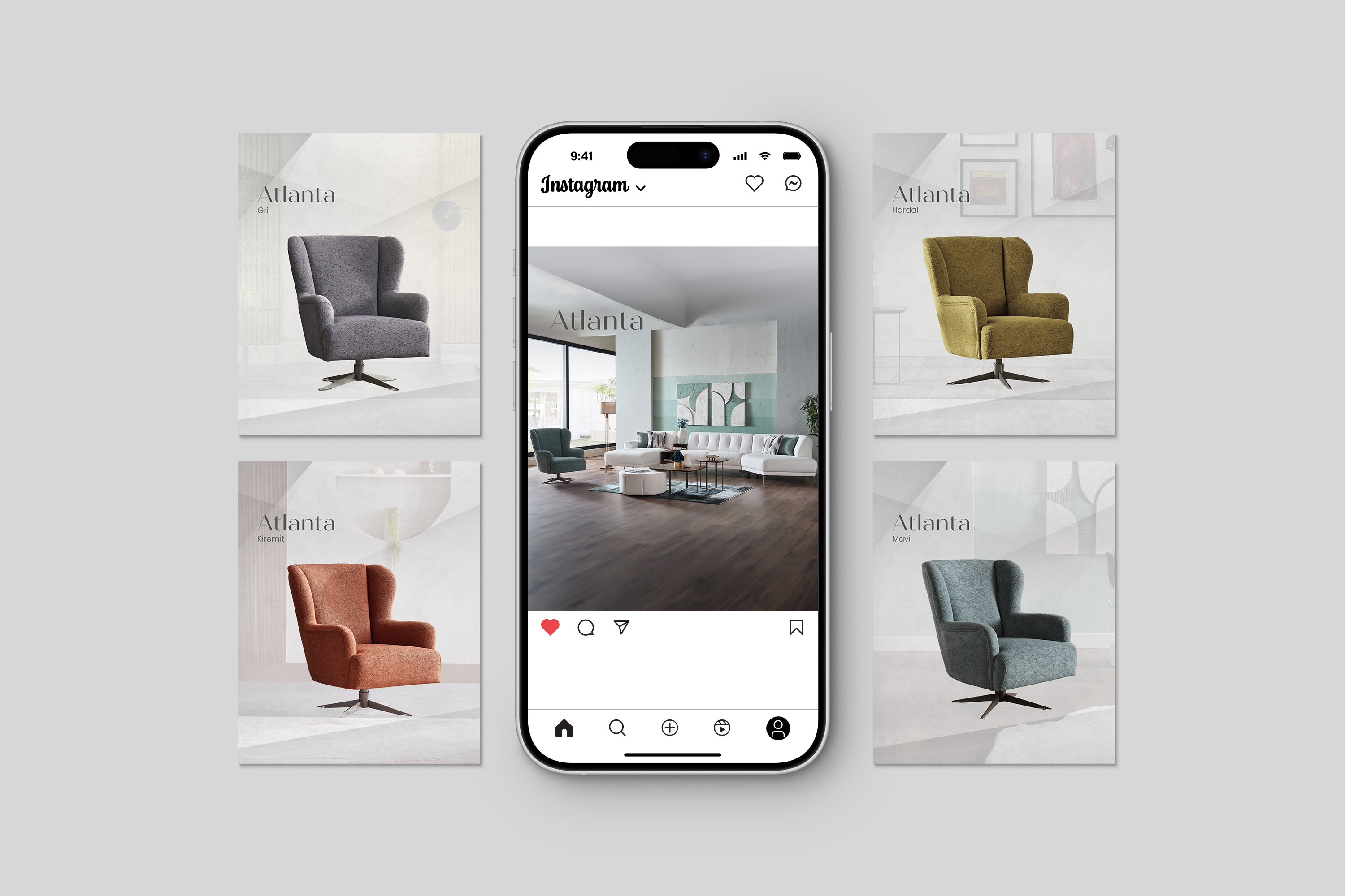 Akıllı telefon ekranında modern salon içinde gri 'Atlanta' koltuk görünürken, çevresinde gri, hardal, kiremit ve mavi renklerde dört 'Atlanta' koltuk resmi yer alıyor.