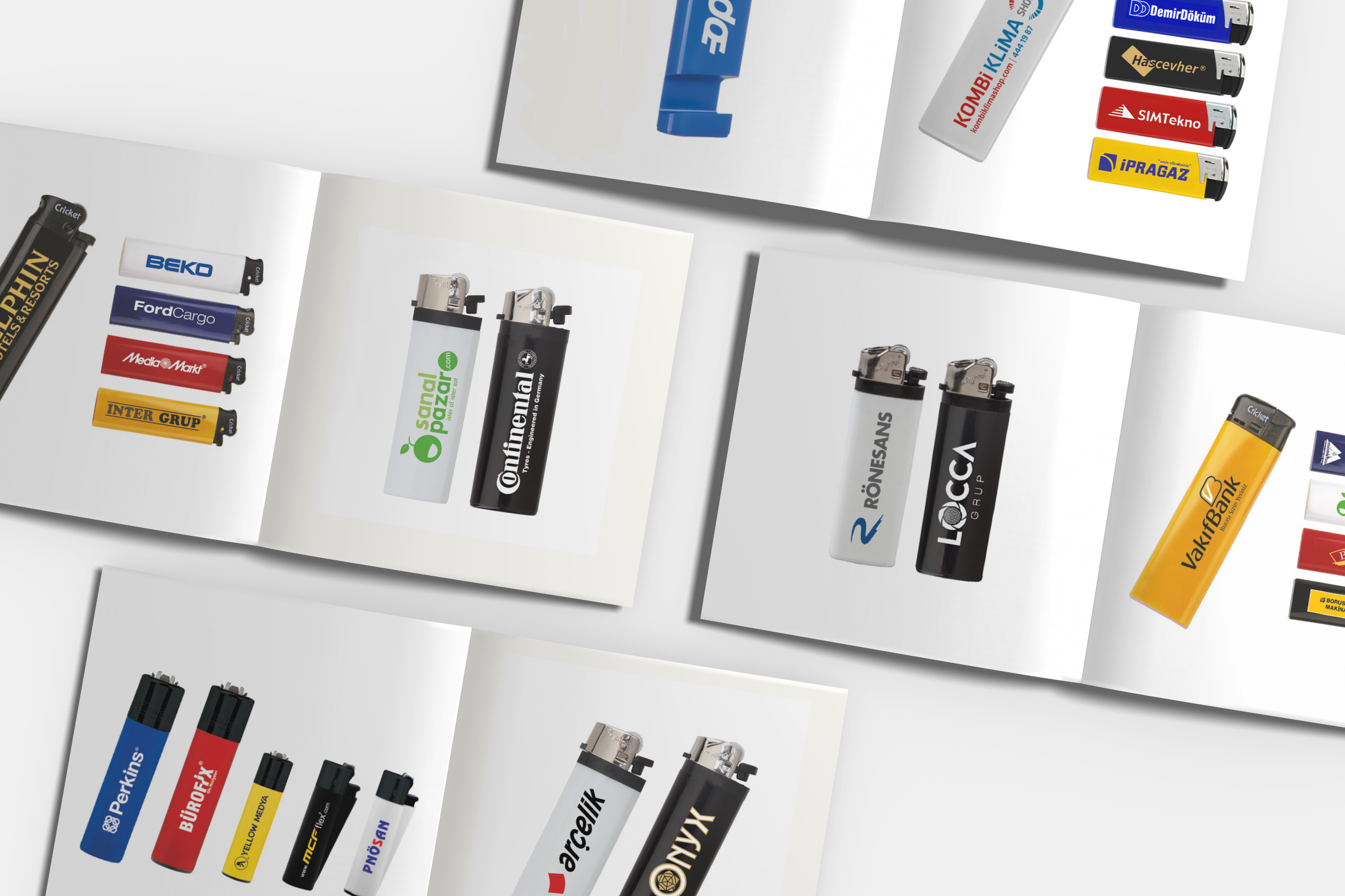 Çeşitli marka logoları baskılı çok sayıda renkli çakmakların görseli.