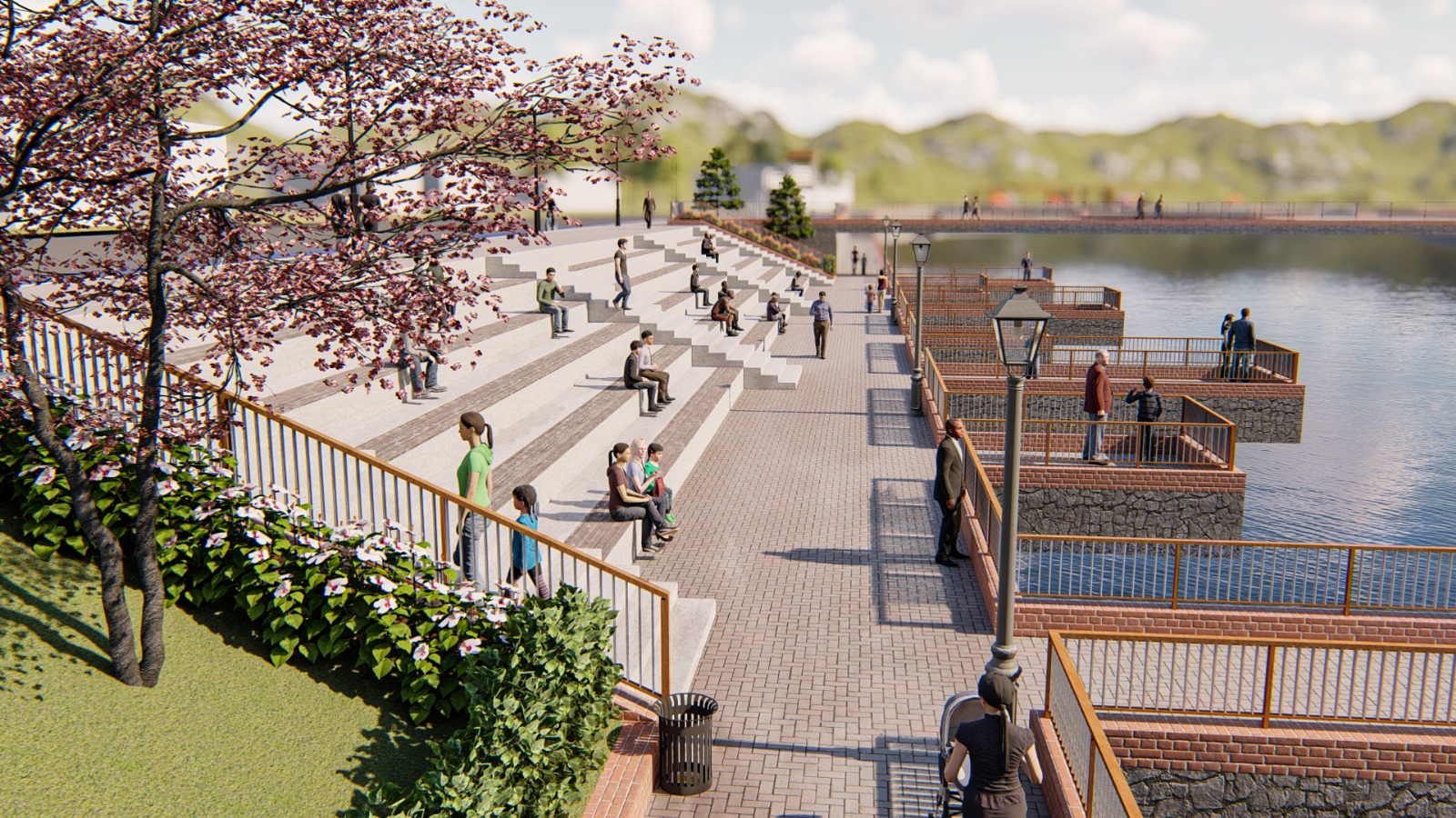 Sahil boyunca taş döşeli yürüyüş yolunda oturan ve yürüyen insanlar, ağaçlar ve göle açılan taş iskeleler.