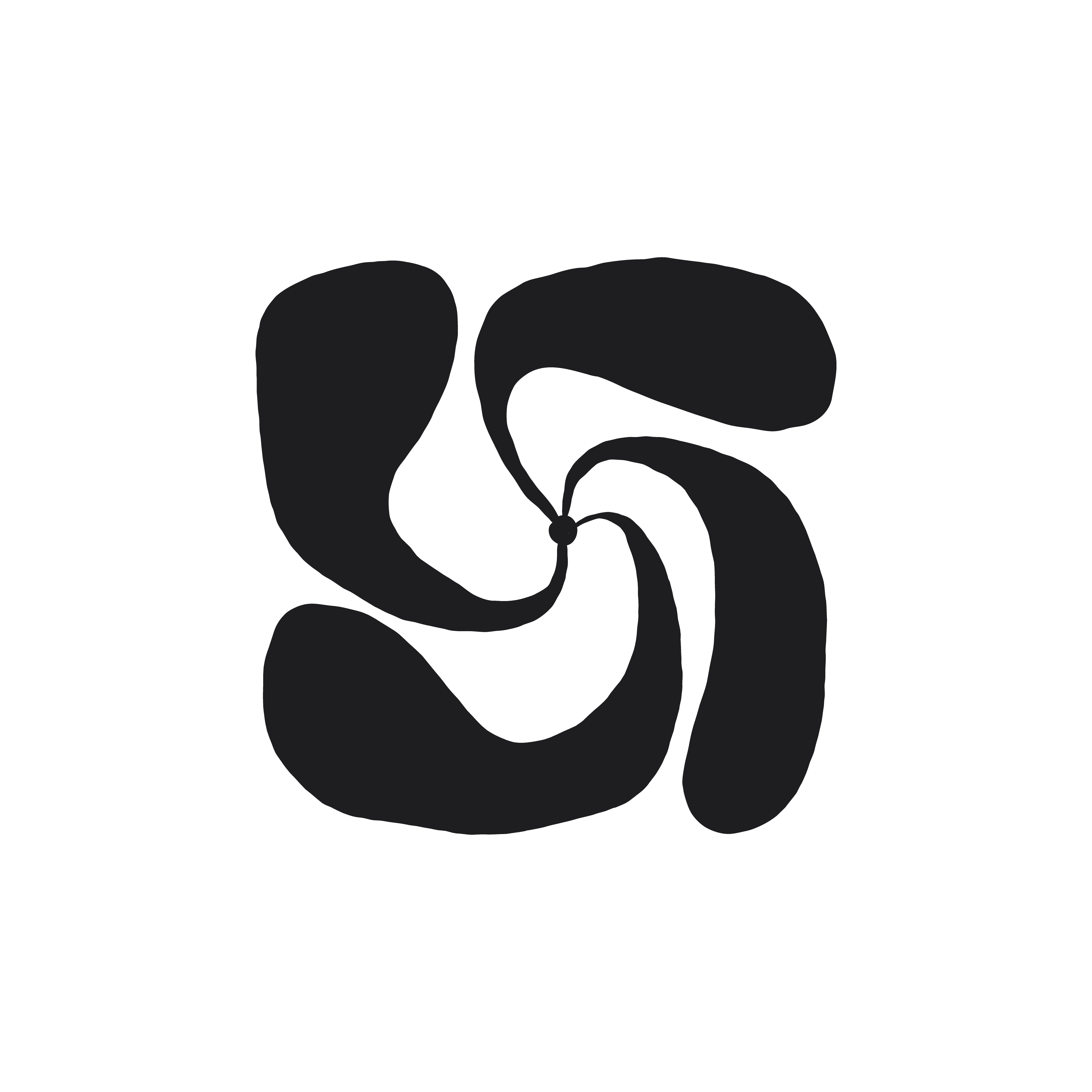 Ortada küçük bir nokta bulunan, spiral şekilde dönen dört büyük siyah organik şekil.