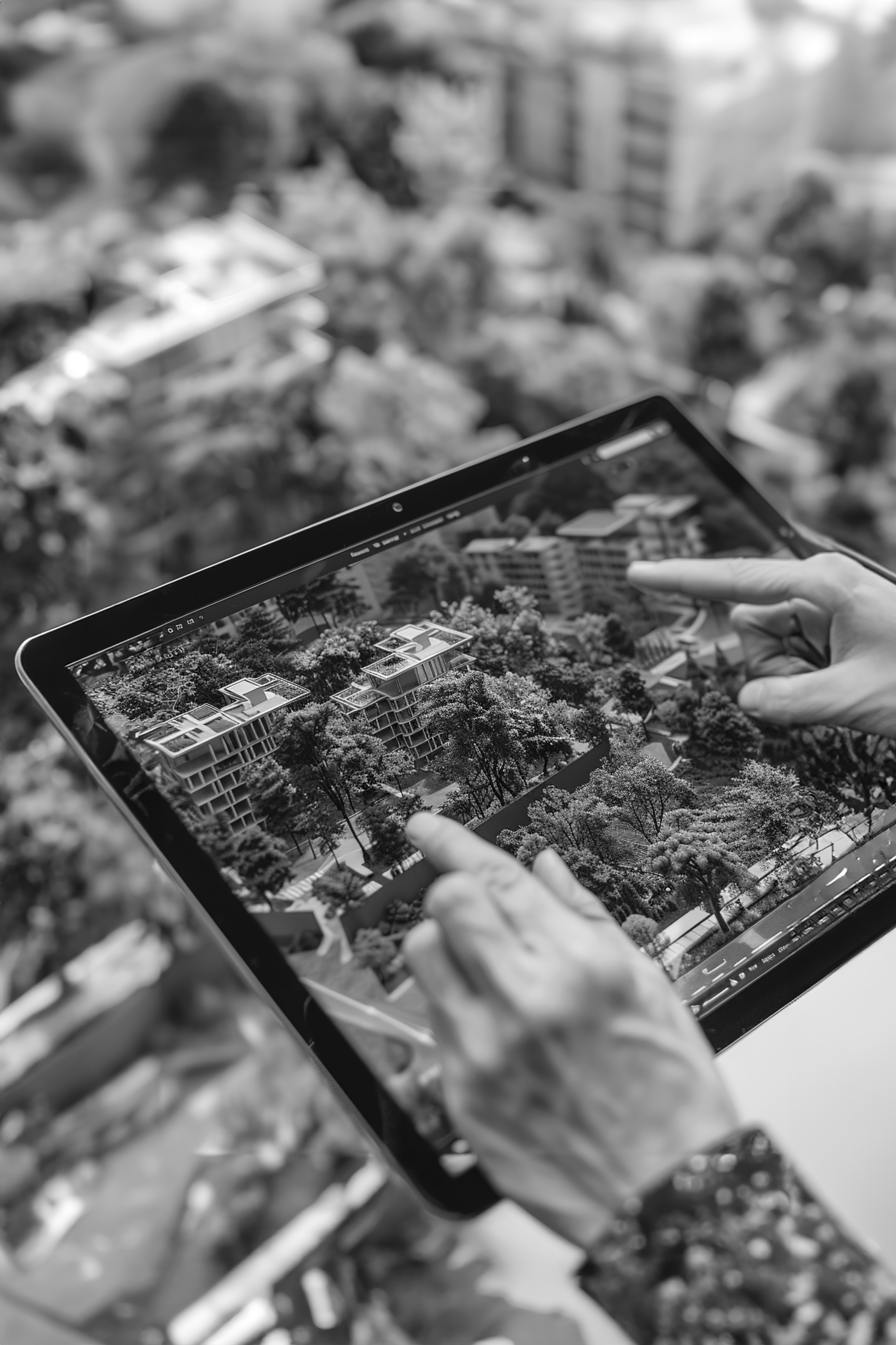 Bir tablet ekranında peyzaj ve mimari projeyi gösteren iki eliyle işaret eden kişi.