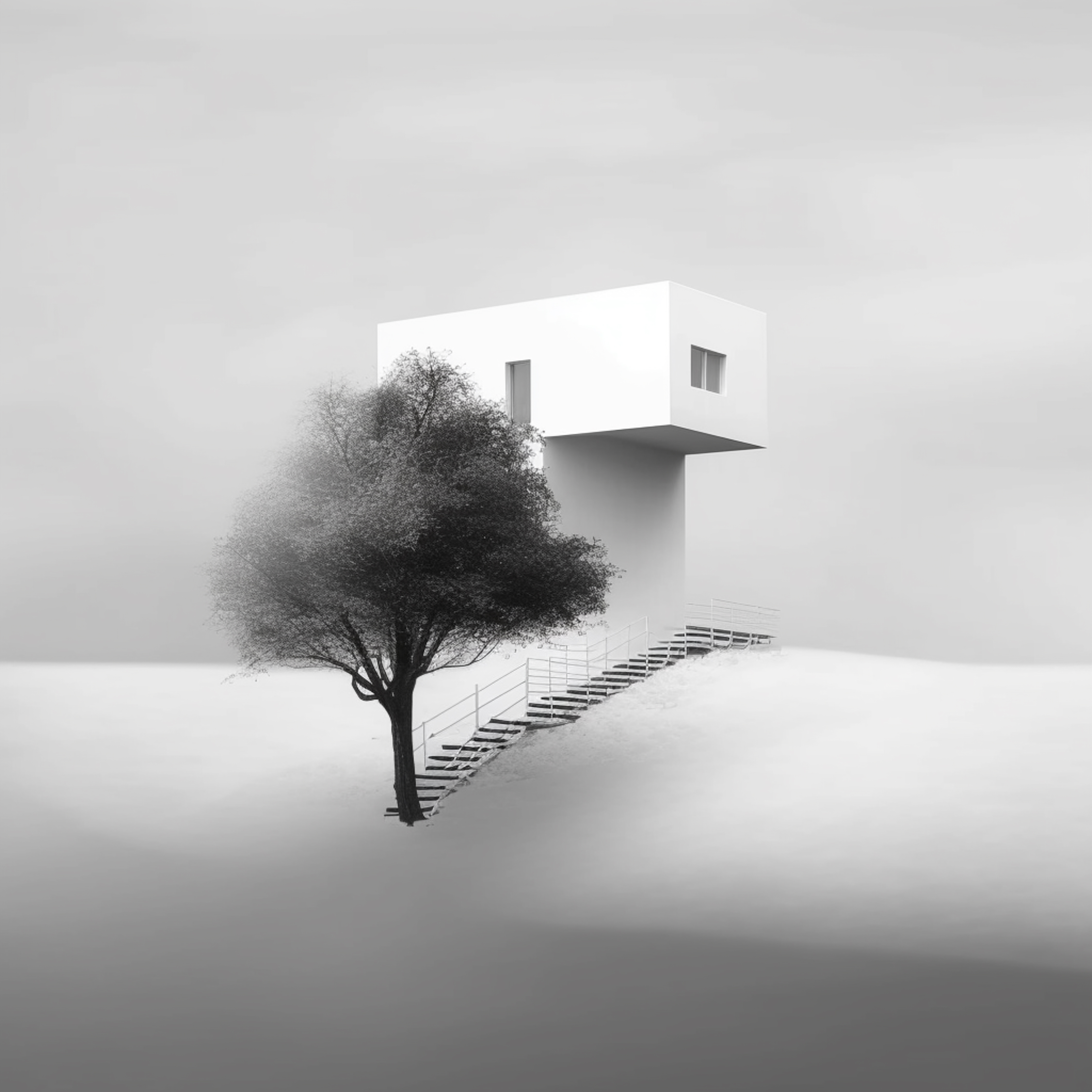 Modern beyaz asma kat evi ve önünde tek başına duran ağaç, geniş boş ışıklandırılmış alan içinde.