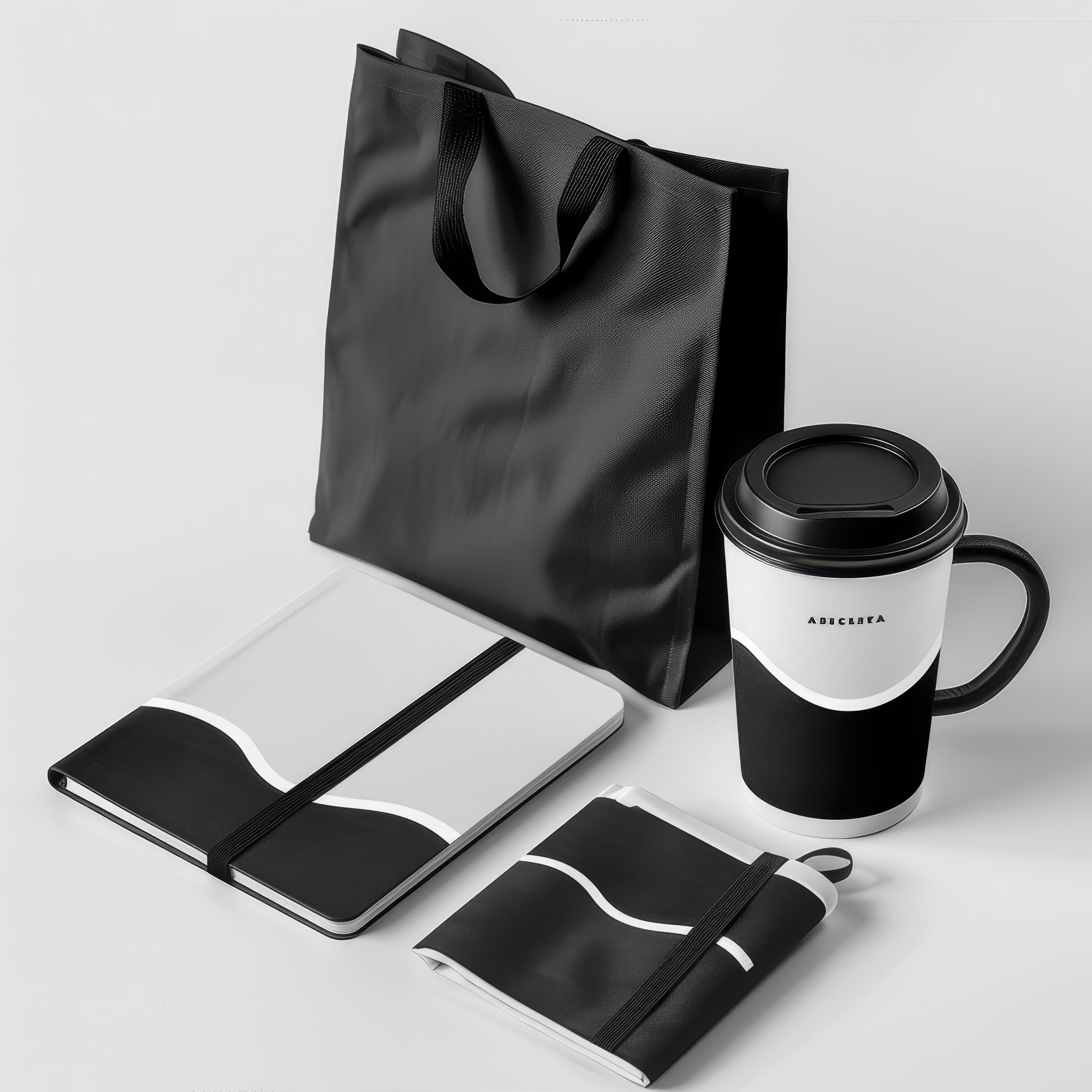 Siyah ve beyaz renklerde promosyon çantası, defter, cüzdan ve kapaklı termos bardak seti.